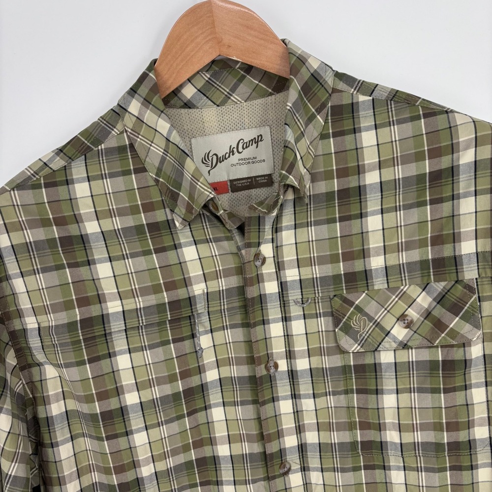 Duck Camp Fishing Shirt Mens XL Green Plaid Long Sleeve Vented Performance Hike